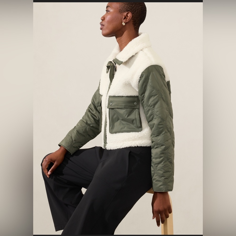 Athleta Olive Green and Cream Sherpa Quilted Jacket